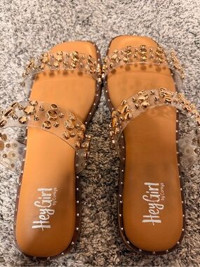 Hey Girl Clear Strap Tan Slide Sandals with Gold Stud Details NWOT